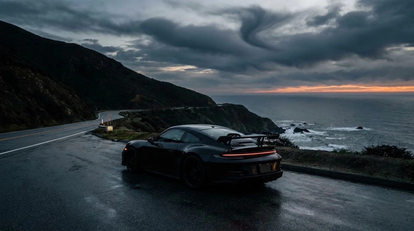 Siyah Porsche 911 GT3 alacakaranlıkta boş yolda