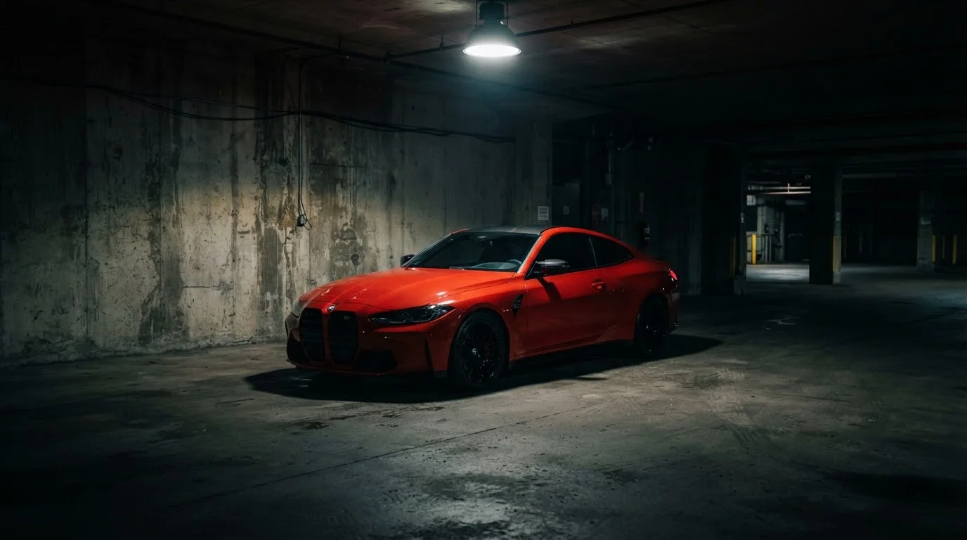 Kırmızı BMW M4 Competition gece garajında spot ışığı altında