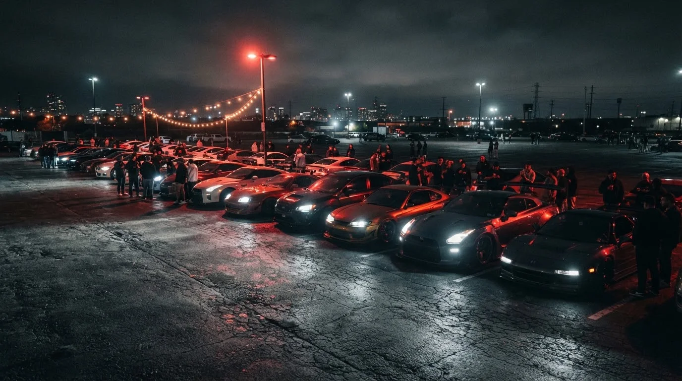 Gece yapılan bir CarPM kulüp buluşmasında sıralanmış araçlar